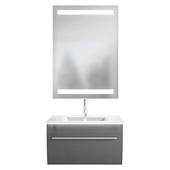 AcquaVapore Badmöbel-Set Fertigdusche Gently-3-B070-V1-F0102-LSP0910070H - Gesamtbreite Badmöbel: 46 cm - Grauer Badschrank mit weißem Waschbecken, silbernem Wasserhahn und beleuchtetem Spiegel.