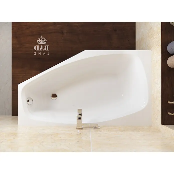 Bad Land Eckbadewanne - L x B: 140 x 80 cm, Sanitäracryl, Weiß - Weiße Eckbadewanne mit Chromarmatur und Abfluss, in einem modernen Badezimmer installiert.