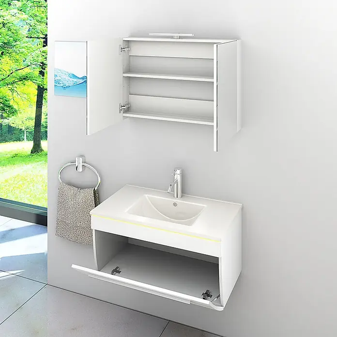 AcquaVapore Badmöbel-Set Fertigdusche Gently-3-B080-V1-F01-LED-EBox -  - Weißer Badschrank mit Waschbecken und offenem Spiegelschrank.