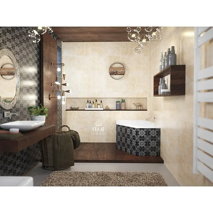 Bad Land Eckbadewanne - L x B: 140 x 80 cm, Sanitäracryl, Weiß - Modernes Badezimmer mit gemusterter Badewanne, Holzdetails und dekorativen Wandfliesen. Mit Waschbecken, Regalen und Beleuchtung.