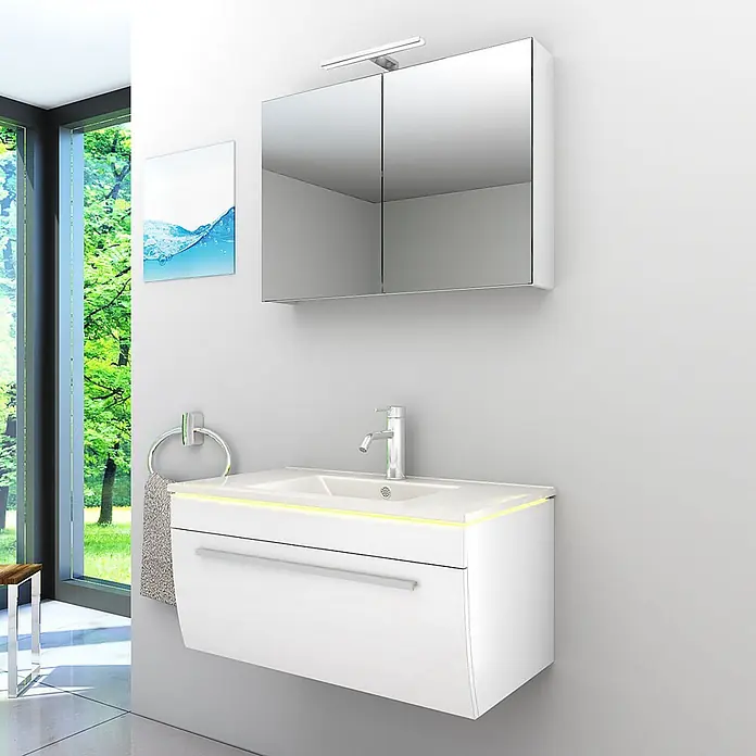 AcquaVapore Badmöbel-Set Fertigdusche Gently-3-B080-V1-F01-LED-EBox -  - Weißer wandmontierter Badwaschtisch mit integriertem Waschbecken, Armatur und Spiegelschrank mit LED-Beleuchtung.