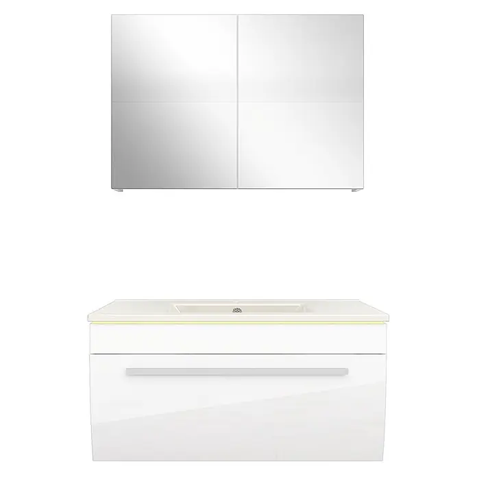 AcquaVapore Badmöbel-Set Fertigdusche Gently-3-B080-V1-F01-LED-EBox -  - Weißer Hochglanz-Badunterschrank mit integriertem Waschbecken, Lichtleiste und passendem Spiegelschrank.