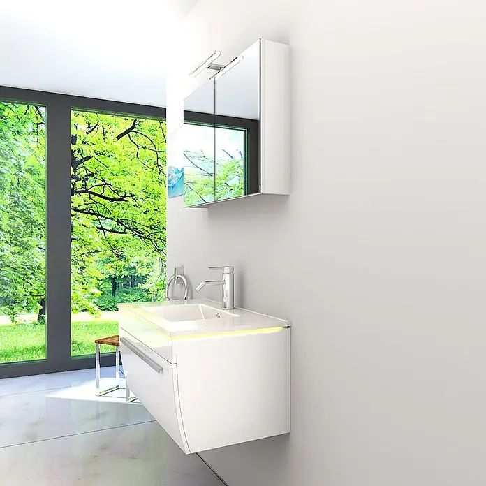 AcquaVapore Badmöbel-Set Fertigdusche Gently-3-B080-V1-F01-LED-EBox -  - Weißer wandmontierter Waschtisch mit integriertem Waschbecken und Beleuchtung, plus beleuchtetem Spiegelschrank.