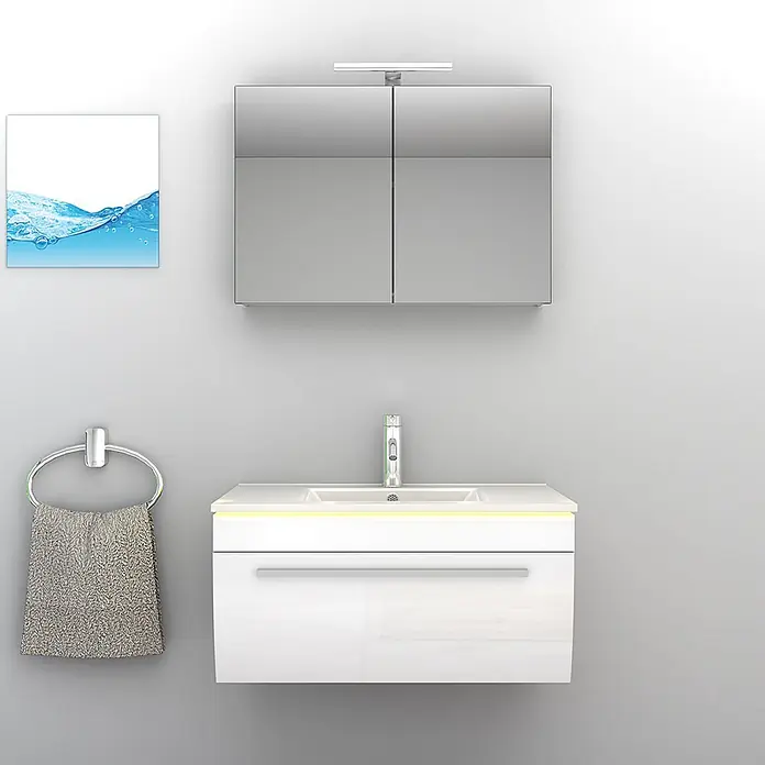 AcquaVapore Badmöbel-Set Fertigdusche Gently-3-B080-V1-F01-LED-EBox -  - Moderner weißer wandhängender Badwaschtisch mit Waschbecken, Chromarmatur und Spiegelschrank mit Beleuchtung.