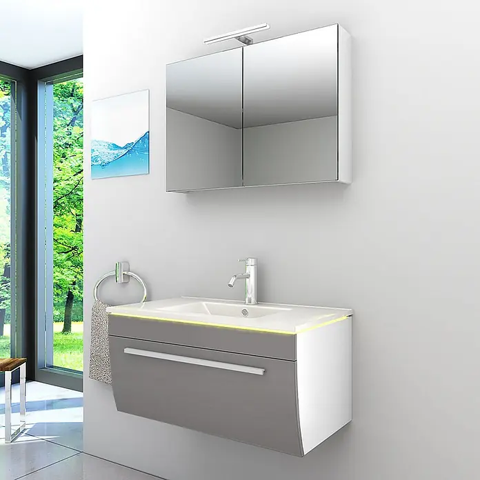 AcquaVapore Badmöbel-Set Fertigdusche Gently-3-B080-V1-F0102-LED-EBox -  - Moderne grau-weiße Badkombination mit integriertem Waschbecken, Spiegelschrank und Beleuchtung in einem hellen Badezimmer.
