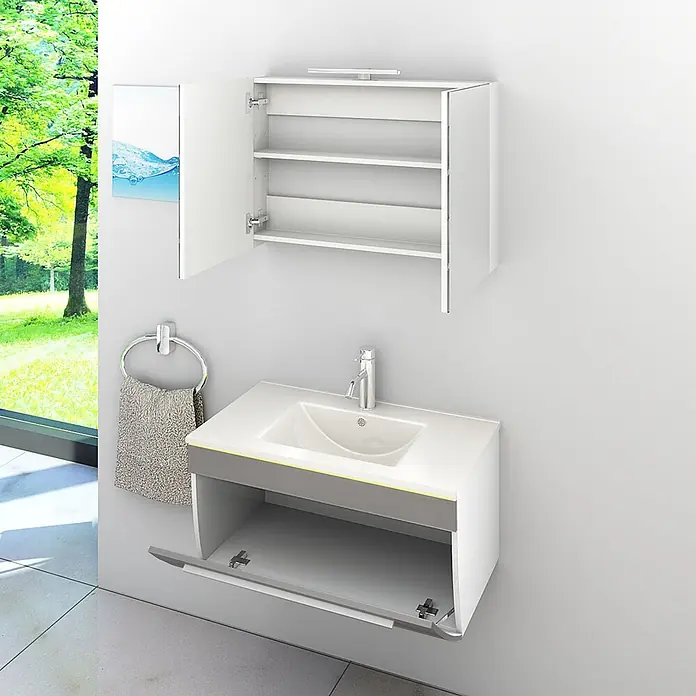 AcquaVapore Badmöbel-Set Fertigdusche Gently-3-B080-V1-F0102-LED-EBox -  - Weißes wandmontiertes Badezimmer-Waschtischset mit Waschbecken, Armatur, offenem Unterschrank und Spiegelschrank mit Regalen und Leuchte.