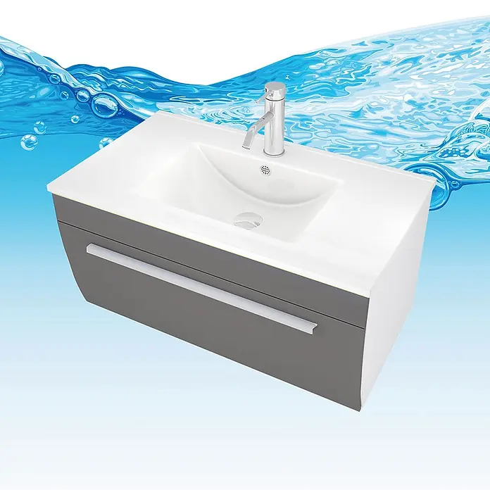 AcquaVapore Badmöbel-Set Fertigdusche Gently-3-B080-V1-F0102-LED-EBox -  - Grauer Badunterschrank mit weißem integriertem Waschbecken und Chrom-Wasserhahn, vor blauem Wasserhintergrund.