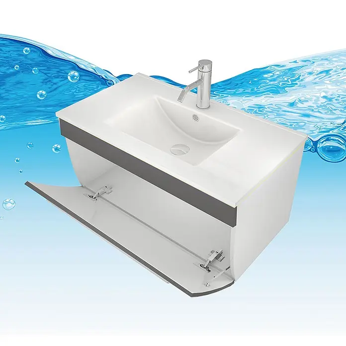 AcquaVapore Badmöbel-Set Fertigdusche Gently-3-B080-V1-F0102 -  - Weißer Badezimmerschrank mit integriertem Waschbecken, Chromarmatur und grauer Zierleiste. Eine Schranktür ist geöffnet.