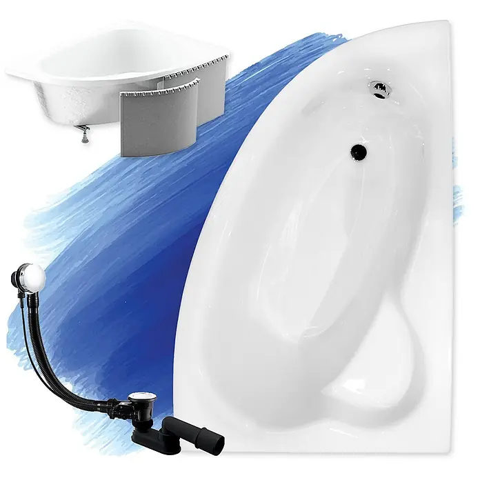 Bad Land Eckbadewanne - L x B: 150 x 100 cm, Sanitäracryl, Weiß - Weiße Eck- und asymmetrische Badewannen mit Ab-/Überlaufgarnitur vor blauem Hintergrund.