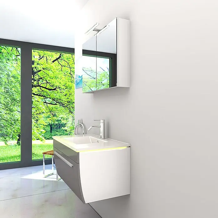 AcquaVapore Badmöbel-Set Fertigdusche Gently-3-B080-V1-F0102-LED-EBox -  - Weiße und graue wandmontierte Badmöbel mit integriertem Waschbecken und Chromarmatur, dazu ein weißer Spiegelschrank.