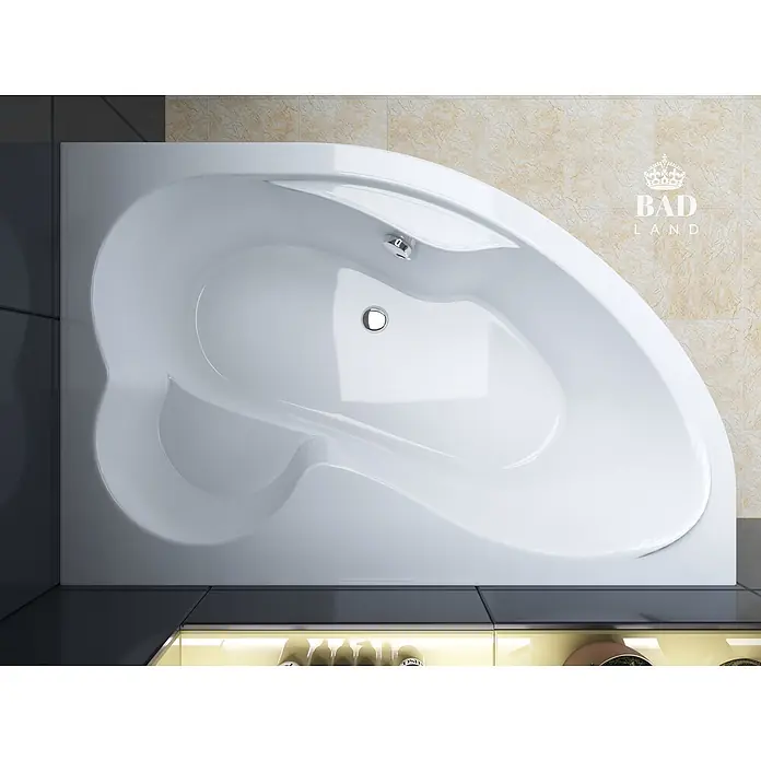 Bad Land Eckbadewanne MEGA Acryl-Eckwanne 160 x 105 cm rechts Weiß, inkl. Acrylschürze - Sanitäracryl, Weiß - Asymmetrische weiße Eckbadewanne mit glänzender Oberfläche, von oben in moderner Badumgebung.