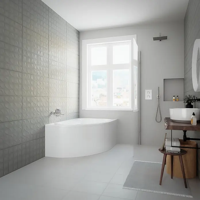 Bad Land Eckbadewanne MEGA Acryl-Eckwanne 160 x 105 cm rechts Weiß, inkl. Acrylschürze - Sanitäracryl, Weiß - Modernes Badezimmer mit asymmetrischer weißer Badewanne, grauen Strukturwandfliesen und einem modernen Holzwaschtisch mit Waschbecken.
