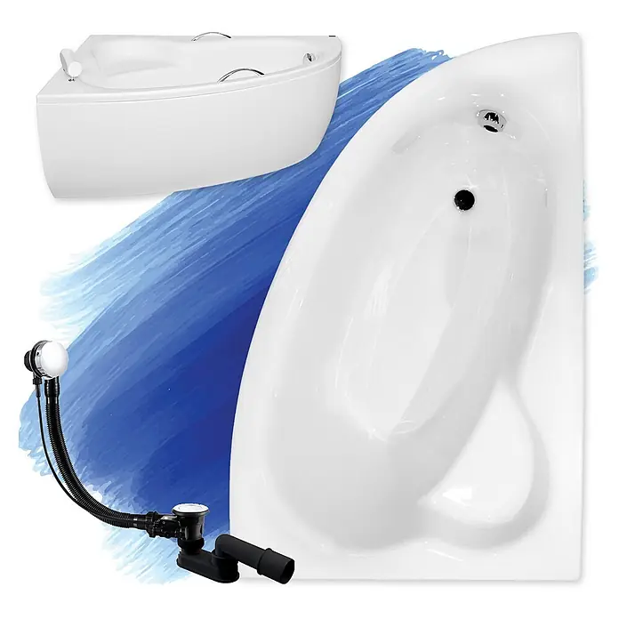 Bad Land Eckbadewanne - L x B: 150 x 100 cm, Sanitäracryl, Weiß - Weiße Eckbadewanne und schwarzes Ablauf-Überlauf-Set.