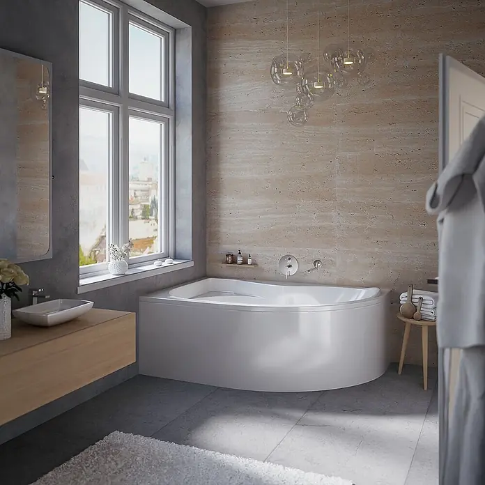 Bad Land Eckbadewanne DORA Acryl-Eckwanne 170 x 110 cm links Weiß - Sanitäracryl, Weiß - Weisse Eckbadewanne mit gebogener Front in einem modernen Badezimmer.