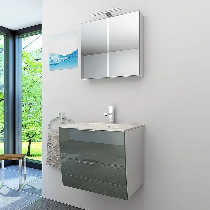 AcquaVapore Badmöbel-Set Fertigdusche Gently-2-B060-V1-F0102 -  - Wandhängender Waschtischunterschrank mit weißem Waschbecken, dunkelgrauen Schubladen, Spiegelschrank und Handtuchring.