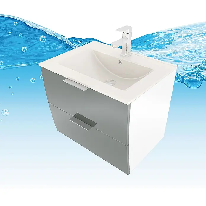 AcquaVapore Badmöbel-Set Fertigdusche Gently-2-B060-V1-F0102 -  - Weißes Waschbecken mit Armatur auf grauem Waschtisch mit weißen Seiten und zwei Schubladen, vor blauem Wasserhintergrund.
