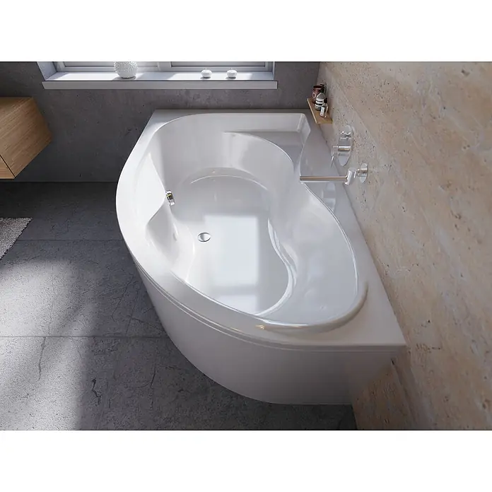 Bad Land Eckbadewanne DORA Acryl-Eckwanne 170 x 110 cm links Weiß - Sanitäracryl, Weiß - Weiße asymmetrische Badewanne mit integrierter Armlehne, in einem modernen Badezimmer installiert.