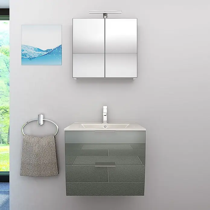 AcquaVapore Badmöbel-Set Fertigdusche Gently-2-B060-V1-F0102 -  - Modernes Badezimmer mit dunkelgrauem, schwebendem Waschtisch, weißem Waschbecken und Spiegelschrank mit Beleuchtung.