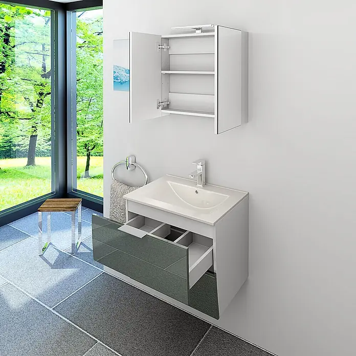 AcquaVapore Badmöbel-Set Fertigdusche Gently-2-B060-V1-F0102 -  - Moderner Badwaschtisch mit weißem Waschbecken, grau-grünen Schubladen und Spiegelschrank.