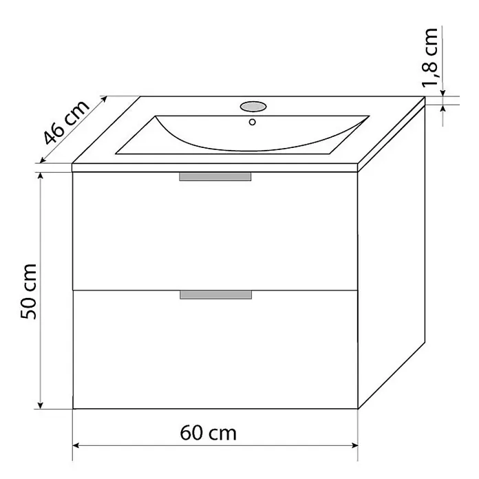 AcquaVapore Badmöbel-Set Fertigdusche Gently-2-B060-V1-F0102 -  - Weißer Badunterschrank mit zwei Schubladen und integriertem Waschbecken, mit Maßen.