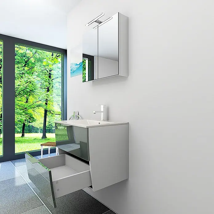 AcquaVapore Badmöbel-Set Fertigdusche Gently-2-B060-V1-F0102 -  - Modernes hellgraues Badmöbel mit offener dunkler Spiegelschublade, integriertem Waschbecken und beleuchtetem Spiegelschrank.