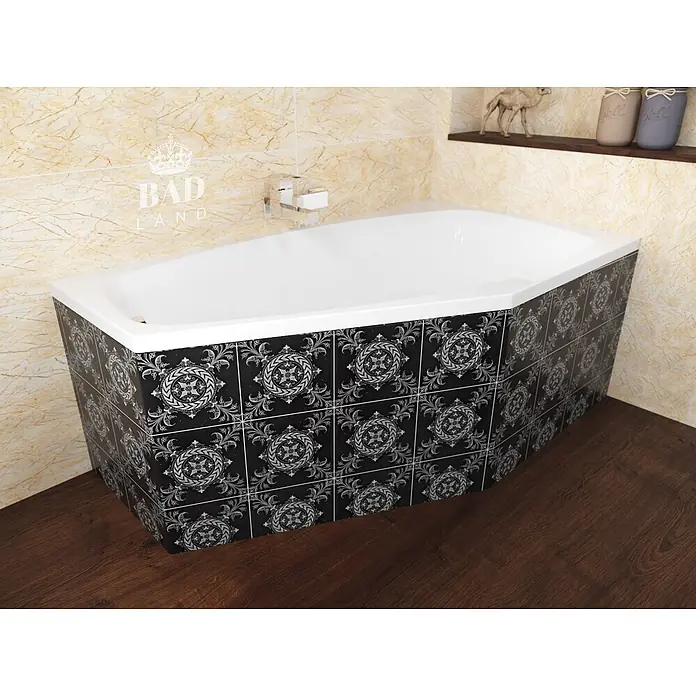 Bad Land Eckbadewanne MARIKA Acryl-Eckwanne 140 x 80 cm rechts Weiß - L x B: 140 x 80 cm, Sanitäracryl, Weiß - Asymmetrische Badewanne mit dekorativer schwarz-weißer Mustertafel, in einem modernen Badezimmer mit Marmorwänden.