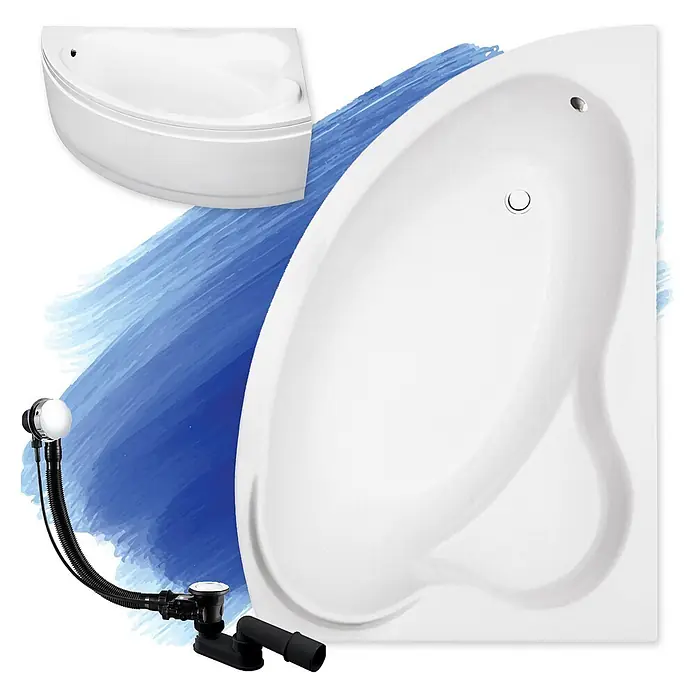 Bad Land Eckbadewanne ADA Acryl-Eckwanne 140 x 90 cm rechts Weiß, inkl. Acrylschürze - Sanitäracryl, Weiß - Weiße Eckbadewanne mit ergonomischer Form, gezeigt mit einem schwarzen und verchromten Ab- und Überlaufset.