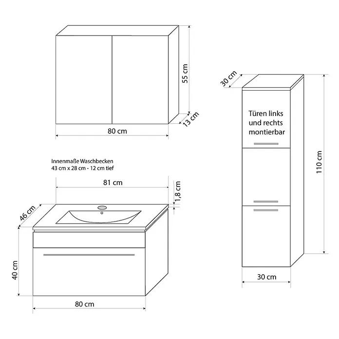 AcquaVapore Badmöbel-Set Fertigdusche Gently-3-B080-V2-L-F01-LED -  - Technischer Zeichnung eines Badmöbel-Sets: Hängeschrank (80x55x13 cm), Waschtischunterschrank mit Becken (80x40 cm), Hochschrank (30x110x30 cm).
