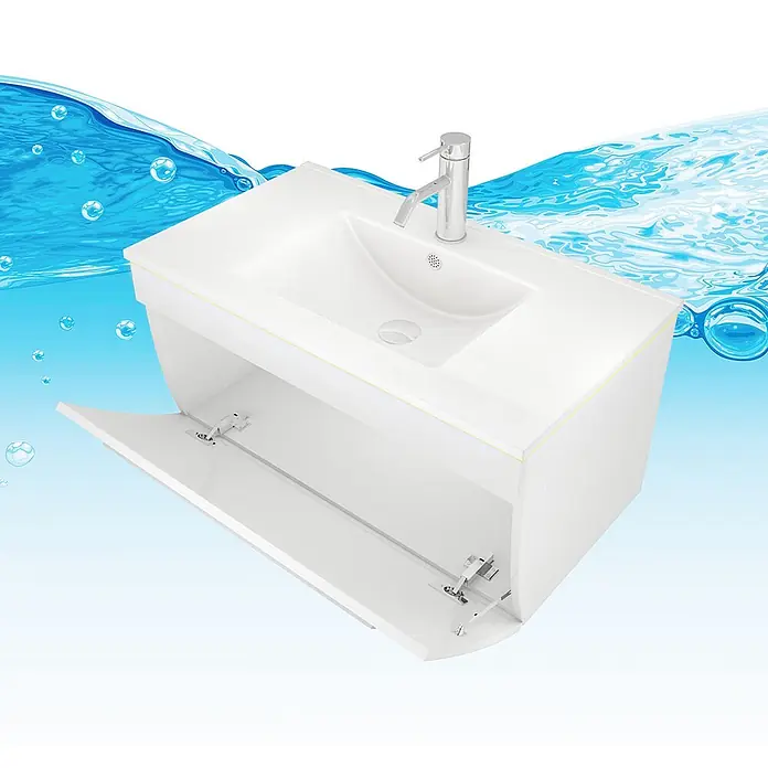 AcquaVapore Badmöbel-Set Fertigdusche Gently-3-B080-V2-L-F01-LED -  - Weißer Badunterschrank mit integriertem Waschbecken, Chromarmatur und geöffneter Schranktür.