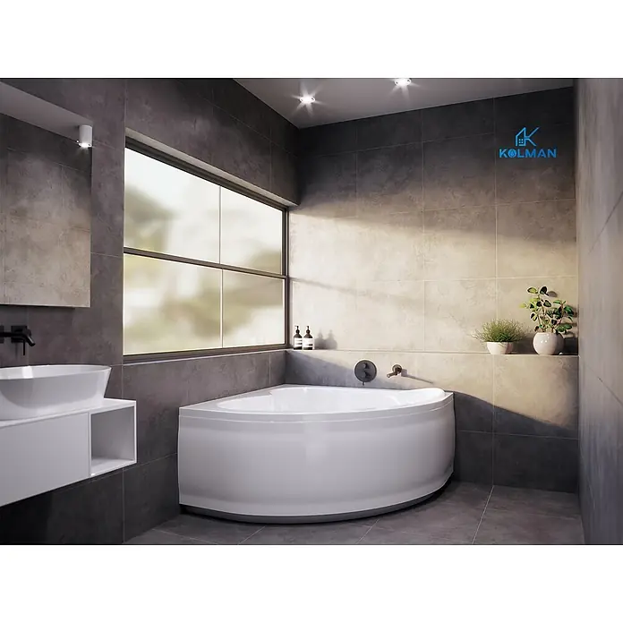Bad Land Eckbadewanne STANDARD Acryl-Eckwanne 120 x 120 cm Weiß - Sanitäracryl, Weiß - Weiße Eckbadewanne in modernem, grau gefliestem Badezimmer mit Fenster, Waschbecken und Pflanzen, die ihr kompaktes Design zeigt.