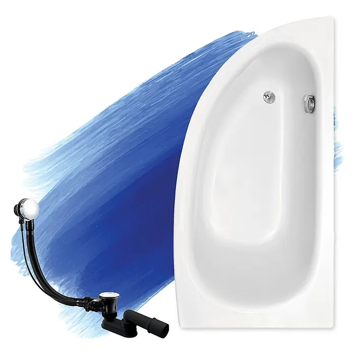 Bad Land Eckbadewanne MILENA Acryl-Eckwanne 150 x 70 cm rechts Weiß - L x B: 150 x 70 cm, Sanitäracryl, Weiß - Weiße P-förmige Badewanne mit Chromarmaturen und schwarzem flexiblem Wannenablauf- und Überlaufset.