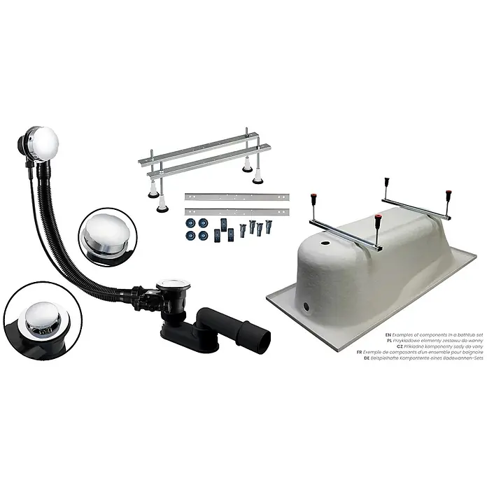 Bad Land Eckbadewanne AVITA Acryl-Eckwanne 150 x 75 cm links Weiß - Sanitäracryl, Weiß - Badewannen-Set-Komponenten: Ablauf-Überlauf-Garnitur, verstellbarer Metallrahmen und weiße Badewannenschale.