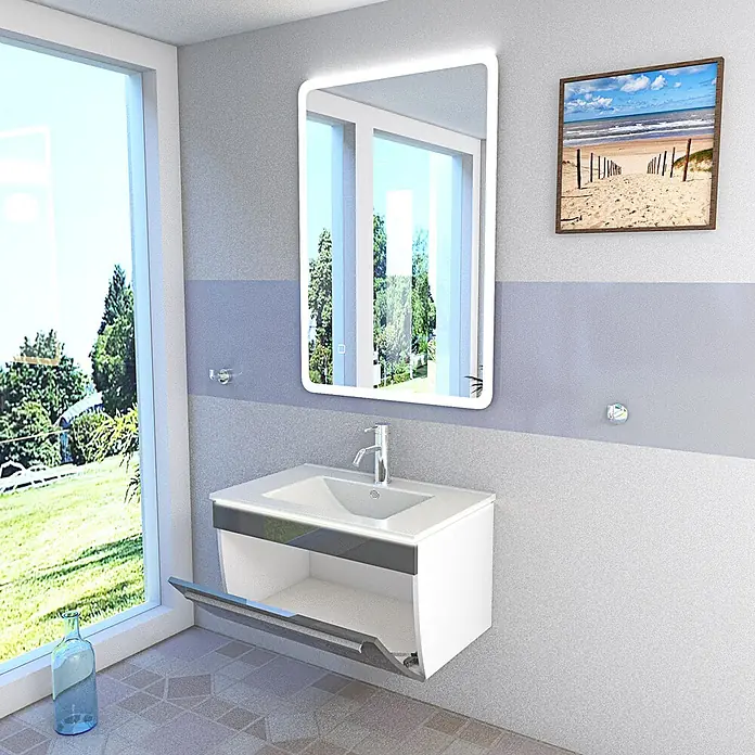 AcquaVapore Badmöbel-Set Fertigdusche Gently-3-B070-V1-F0102-LSP0210070H - Gesamtbreite Badmöbel: 46 cm - Weißer Badezimmerschrank mit integriertem Waschbecken, ausziehbarer Ablage und hinterleuchtetem LED-Spiegel, an der Wand montiert.