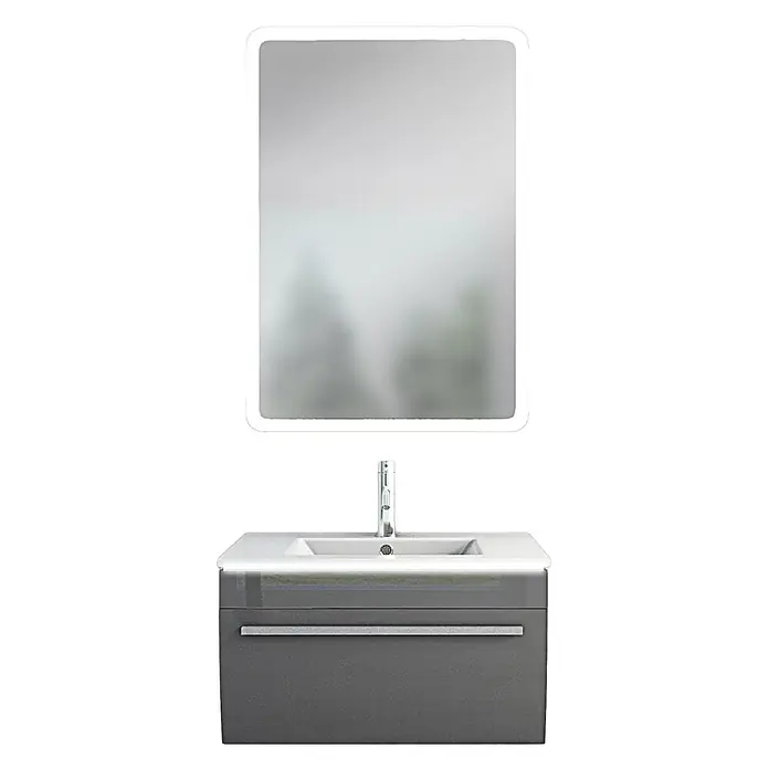 AcquaVapore Badmöbel-Set Fertigdusche Gently-3-B070-V1-F0102-LSP0210070H - Gesamtbreite Badmöbel: 46 cm - Dunkelgrauer Badunterschrank mit integriertem weißen Waschbecken, Chromarmatur und beleuchtetem Spiegel darüber.