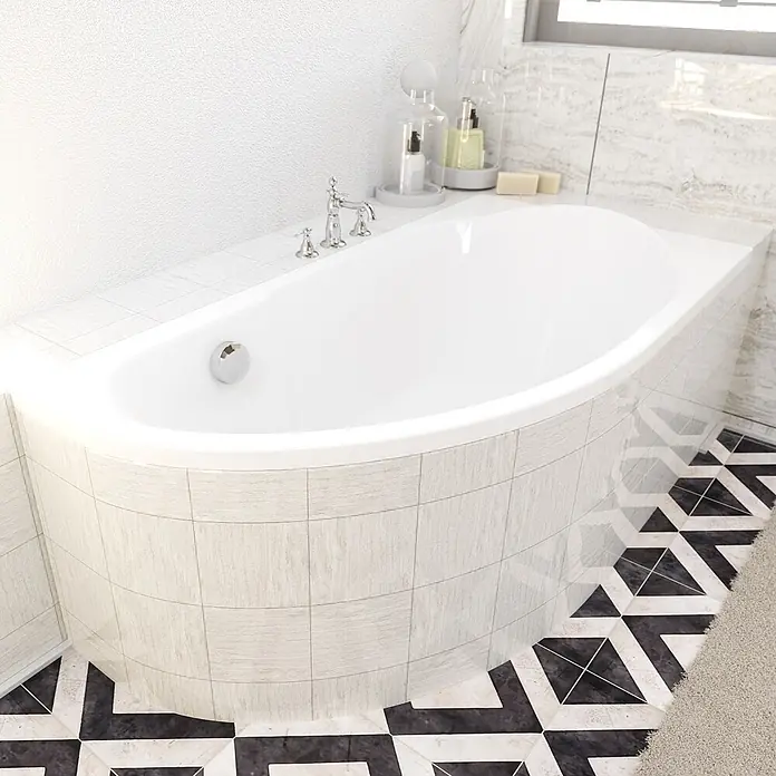 Bad Land Eckbadewanne - L x B: 140 x 70 cm, Sanitäracryl, Weiß - Weiße Einbaubadewanne mit geschwungener Front in einem modernen Badezimmer.