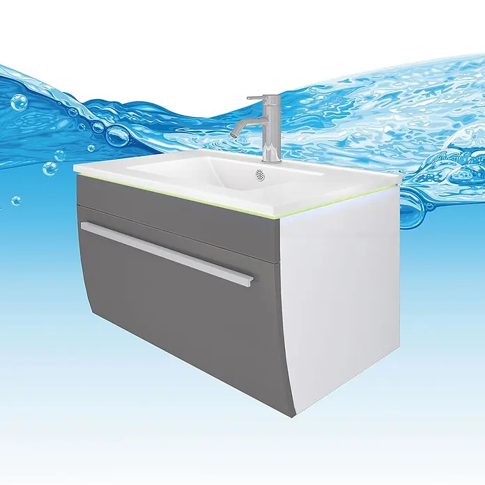 AcquaVapore Badmöbel-Set Fertigdusche Gently-3-B070-V1-F0102 - Gesamtbreite Badmöbel: 46 cm - Wandmontierter grau-weißer Badwaschtisch mit integriertem weißen Waschbecken, Chromarmatur und dezenter grüner Akzentbeleuchtung.