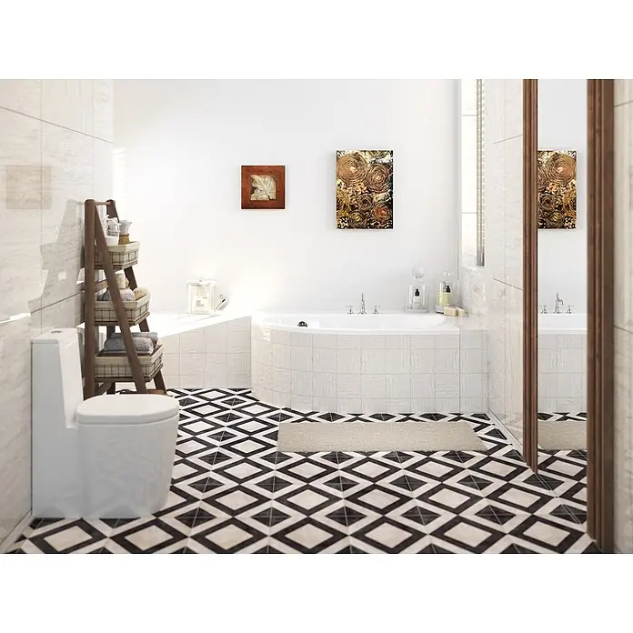 Bad Land Eckbadewanne MIKI Acryl-Eckwanne 140 x 70 cm rechts Weiß, inkl. Styroporverkleidung - Sanitäracryl, Weiß - Modernes Bad mit markanten schwarz-weißen Bodenfliesen, eingebauter Badewanne und weißem WC. Holzdetails ergänzen das helle, klare Design.