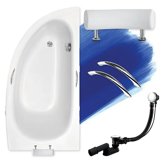 Bad Land Eckbadewanne MILENA PREMIUM Acryl-Eckwanne 150 x 70 cm rechts Weiß - Sanitäracryl, Weiß - Weiße Eckbadewanne mit weißer Kopfstütze, Chromgriffen und komplettem Ab- und Überlaufset.