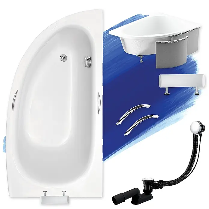Bad Land Eckbadewanne - L x B: 150 x 70 cm, Sanitäracryl, Weiß - Weiße asymmetrische Badewanne mit Chromgriffen, weißer Kopfstütze, Abflussgarnitur und grauer Badewannenverkleidung.