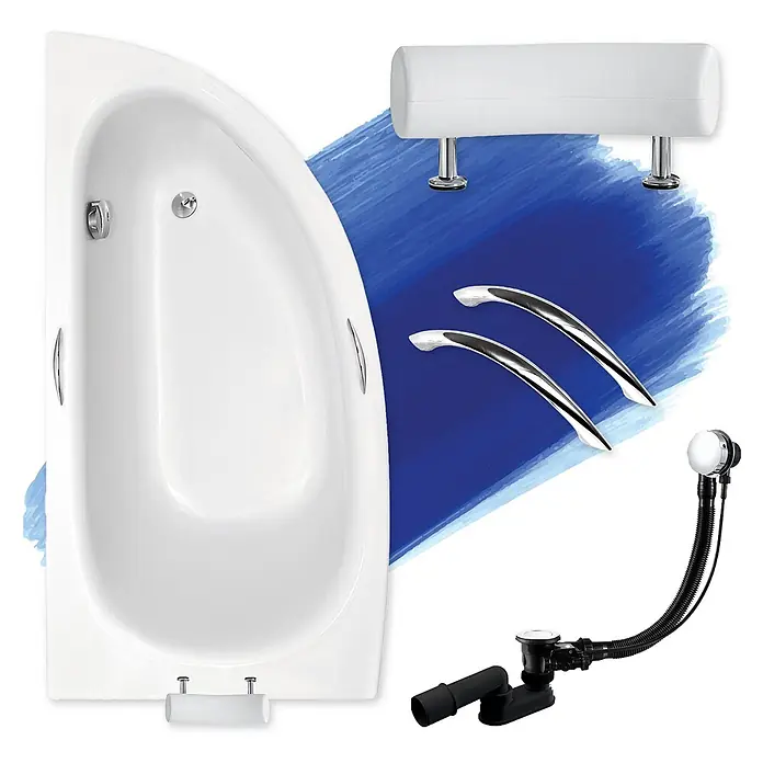 Bad Land Eckbadewanne MILENA PREMIUM Acryl-Eckwanne 150 x 70 cm links Weiß - L x B: 150 x 70 cm, Sanitäracryl, Weiß - Weiße asymmetrische Badewanne mit Chrom-Haltegriffen, Kopfstütze und Ab-/Überlaufgarnitur.