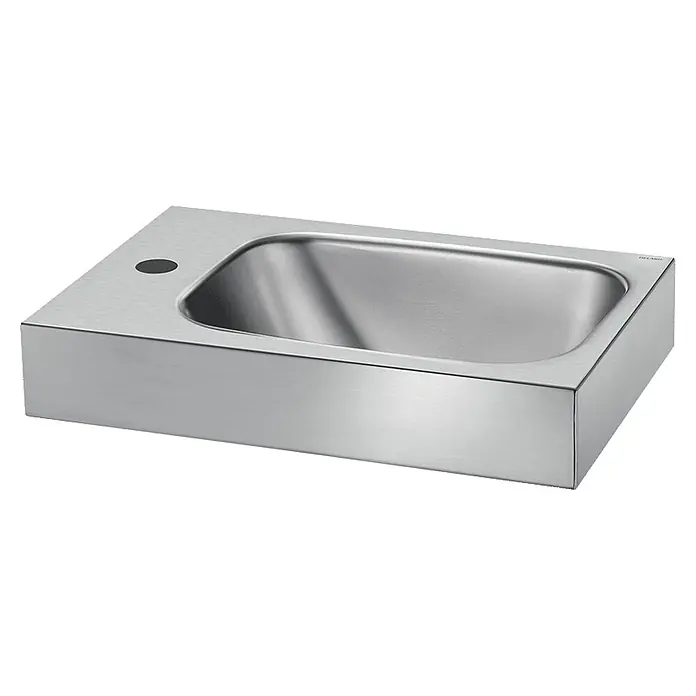 Delabie Waschbecken Delabie WT LAVANDO Hahnloch D35 links ohne Überlauf Edst. 1.4301 sat. - Hahnloch: Links, Ohne Überlauf, Edelstahl - Waschbecken aus gebürstetem Edelstahl mit einer Mulde und Hahnloch.