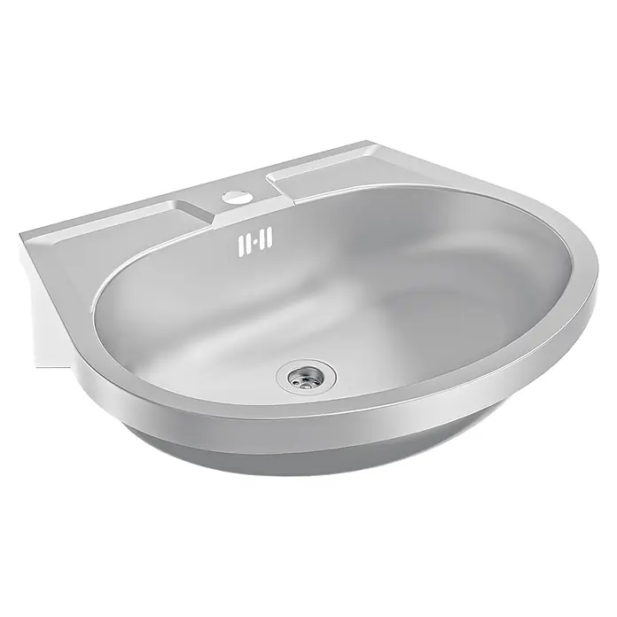 KWC Waschbecken KWC - B x L: 24 x 50 cm, Mit Überlauf, Edelstahl - Modernes weißes Waschbecken mit integrierter Armaturenfläche, Überlaufschlitzen und Metallablauf.