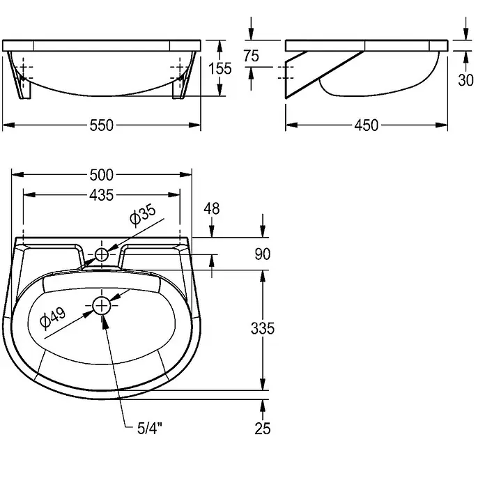 KWC Waschbecken - B x L: 24 x 50 cm, Mit Überlauf, Edelstahl - Technische Zeichnung eines Waschbeckens mit detaillierten Maßen für Länge, Breite, Höhe, Hahnloch und Abfluss.