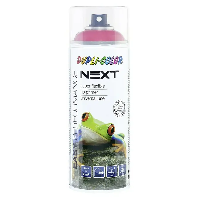 Dupli-Color Next Pintura decorativa en spray RAL 2002 - Granate, Brillante, 400 ml - Bote de pintura en aerosol Dupli-Color Next, súper flexible, sin imprimación, uso universal con imagen de rana.