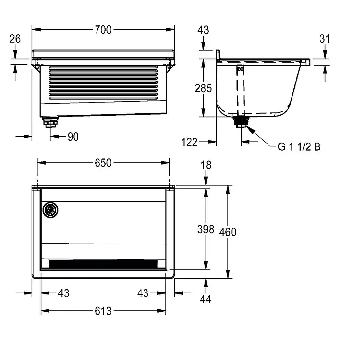 KWC Waschbecken KWC AR Waschtrog, SIRIUS, Edelstahl, 700x328x460 mm, Ablauf links - B x L: 47 x 71 cm, Ohne Überlauf, Edelstahl - Technische Zeichnung eines rechteckigen, weißen Keramik-Ausgussbeckens mit Überlauf und G 1 1/2 B Ablauf. Inkl. Maße.