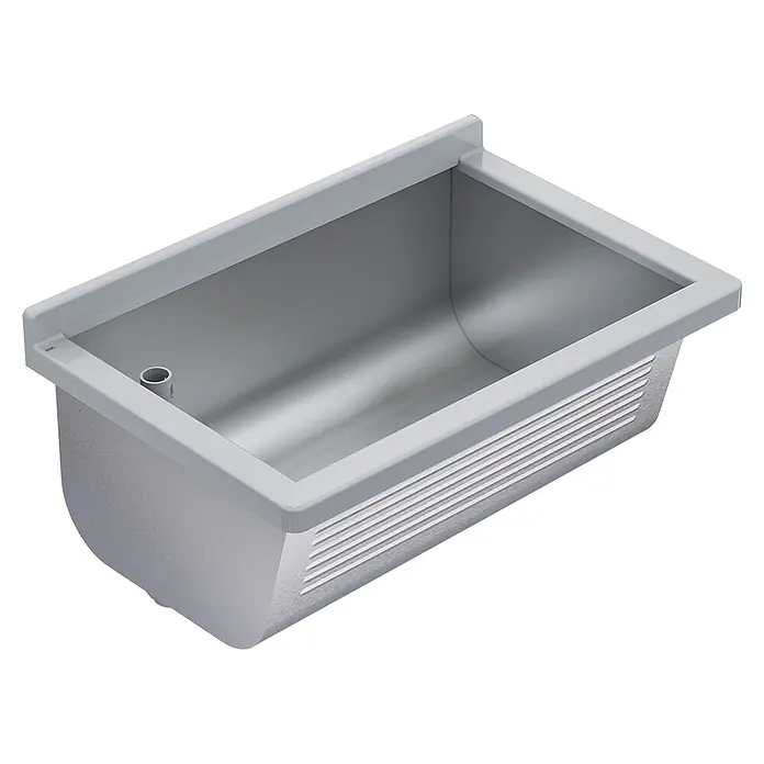 KWC Waschbecken KWC AR Waschtrog, SIRIUS, Edelstahl, 700x328x460 mm, Ablauf links - B x L: 47 x 71 cm, Ohne Überlauf, Edelstahl - Rechteckiges graues Spülbecken, eventuell aus Edelstahl, mit einem oberen Rand und Abflussrohr, mit horizontalen Rillen an der Außenseite.