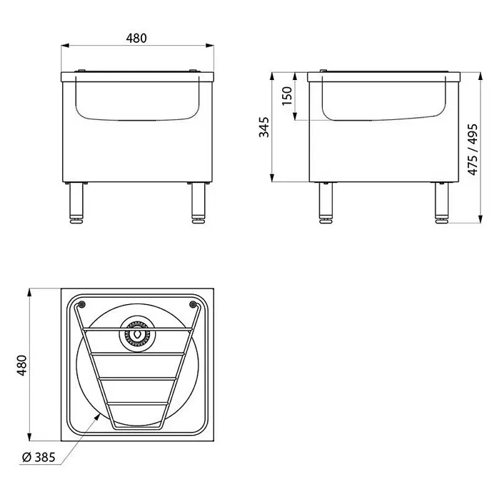 Delabie Waschbecken Delabie - Ohne Überlauf, Edelstahl - Technische Zeichnung einer quadratischen Spüle mit integriertem Becken und vier Beinen, mit detaillierten Maßen.
