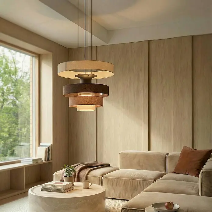 Lucande Pendelleuchte Peldano - braun / rost, beige, braun - Mehrstufiger Stoff-Kronleuchter mit beigen und braunen Schirmen hängt in einem modernen Wohnzimmer über Couch und Couchtisch.