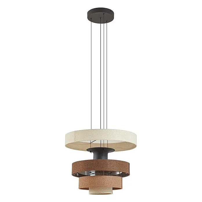 Lucande Pendelleuchte Peldano - braun / rost, beige, braun - Mehrstufige Pendelleuchte mit cremefarbenen und braunen Stoffschirmen, an schwarzen Kabeln von einer dunklen Deckenrosette hängend.