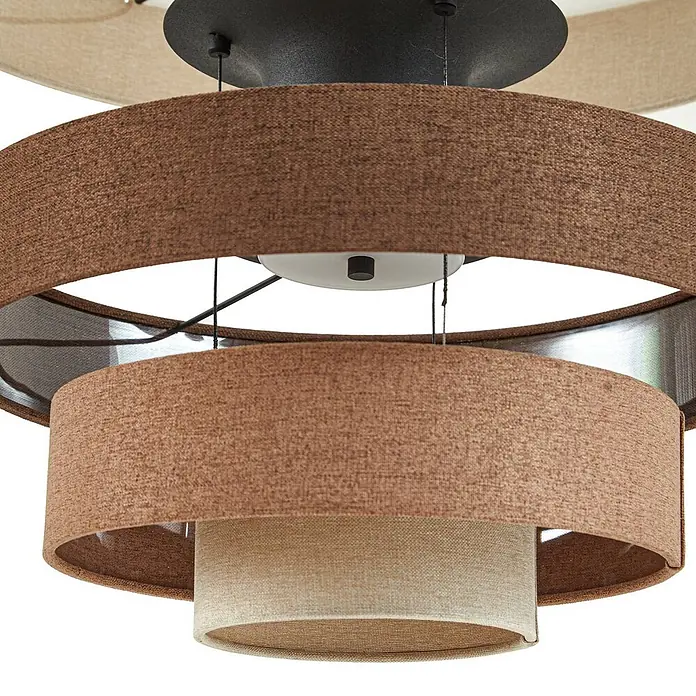 Lucande Pendelleuchte Peldano - braun / rost, beige, braun - Mehrlagige Deckenleuchte mit runden Schirmen aus braunem und beigem Stoff.